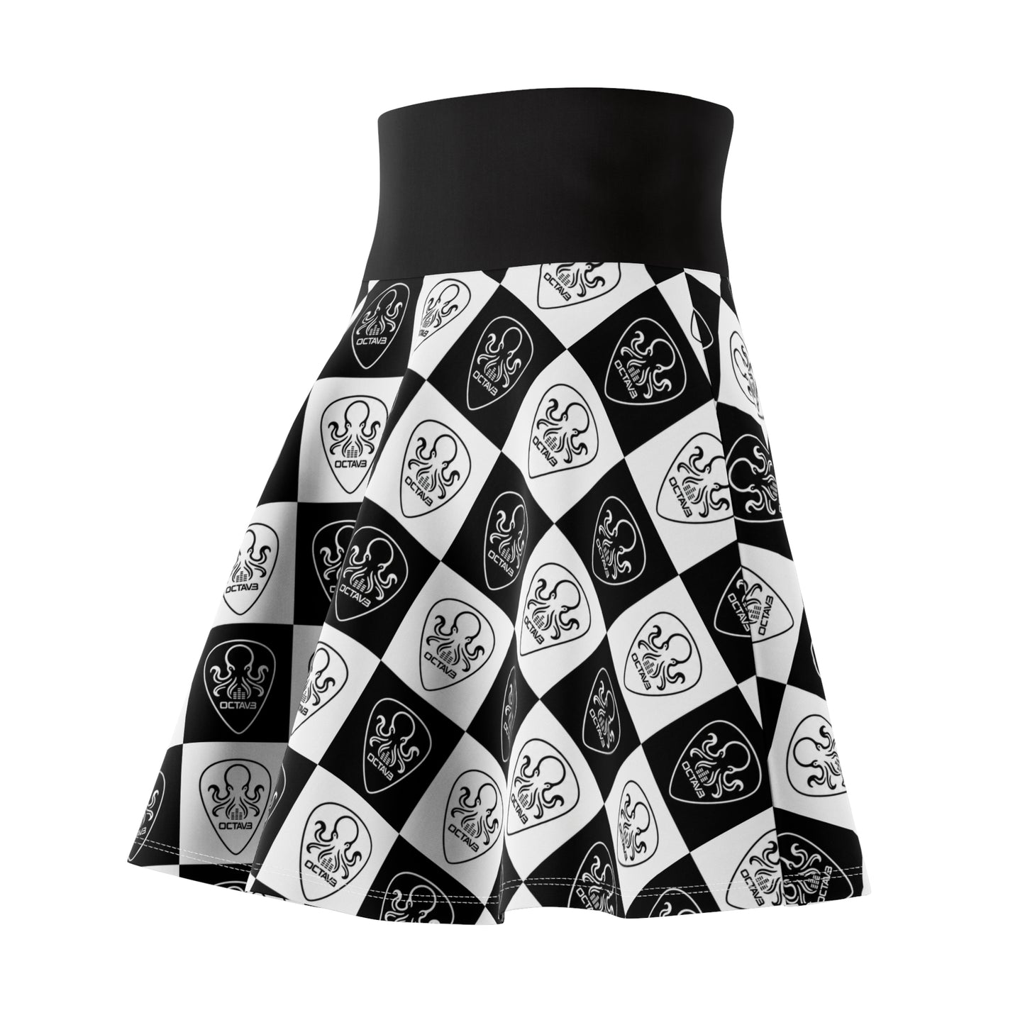 OCTAV3 Checkerboard Octopus Skater Skirt. Black & White Luxury Streetwear