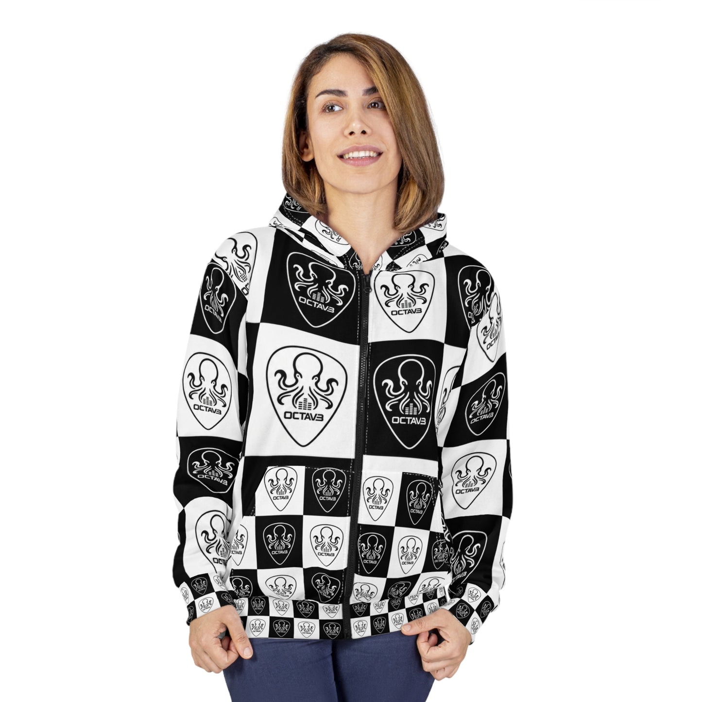 Octav3 Octopus Checkerboard Zip Hoodie — Black & White All-Over-Print