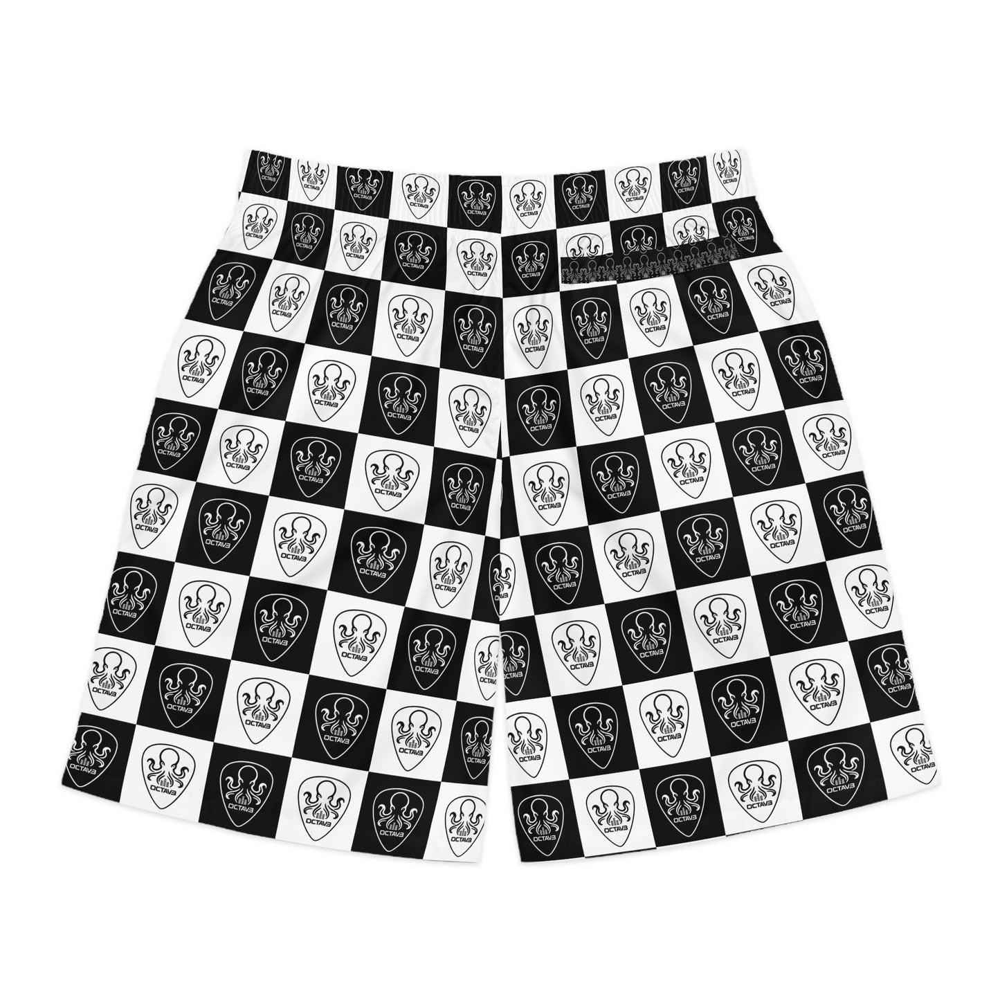 OCTAV3 Checkerboard Octopus Board Shorts. Black White Streetwear Swim & Jogger Shorts