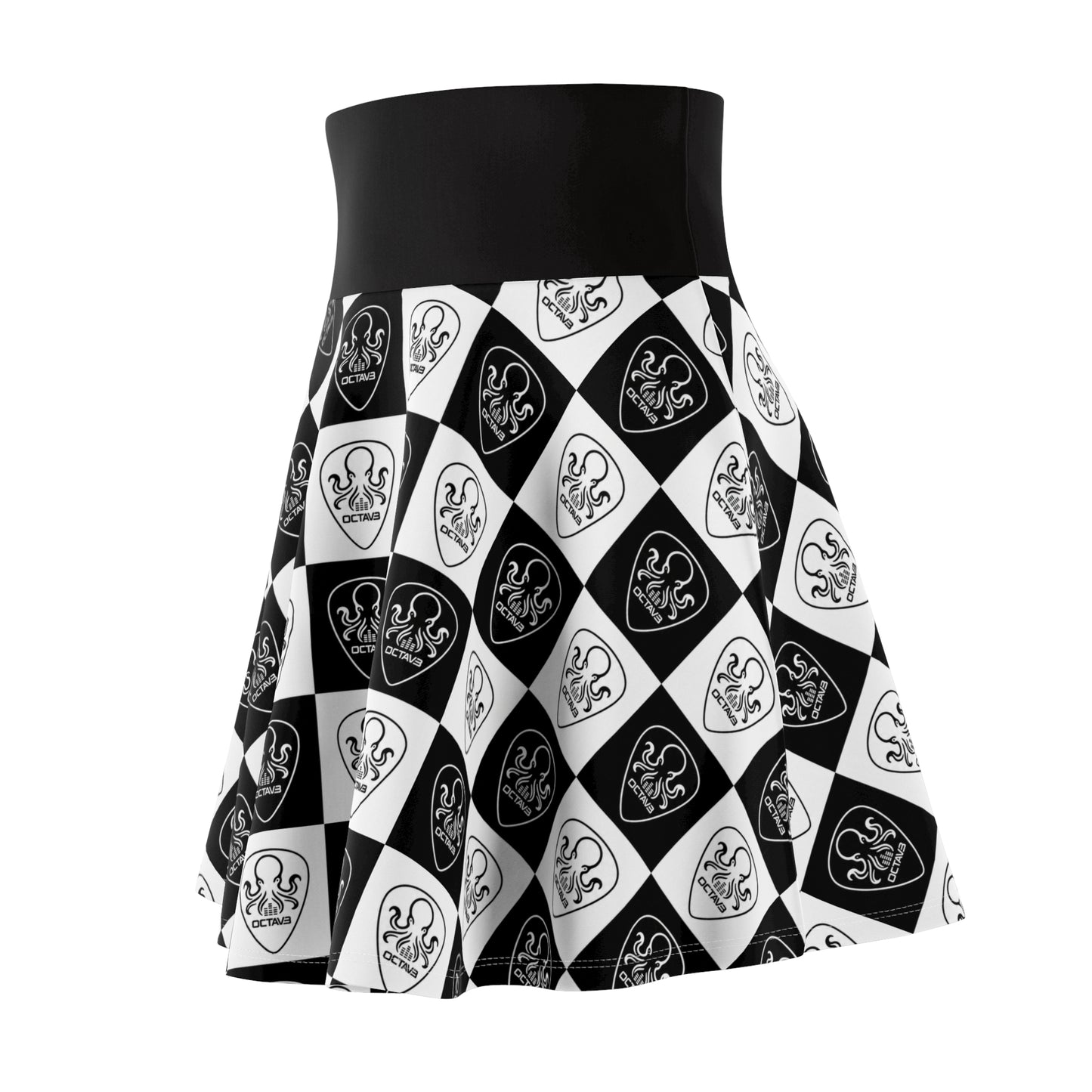 OCTAV3 Checkerboard Octopus Skater Skirt. Black & White Luxury Streetwear
