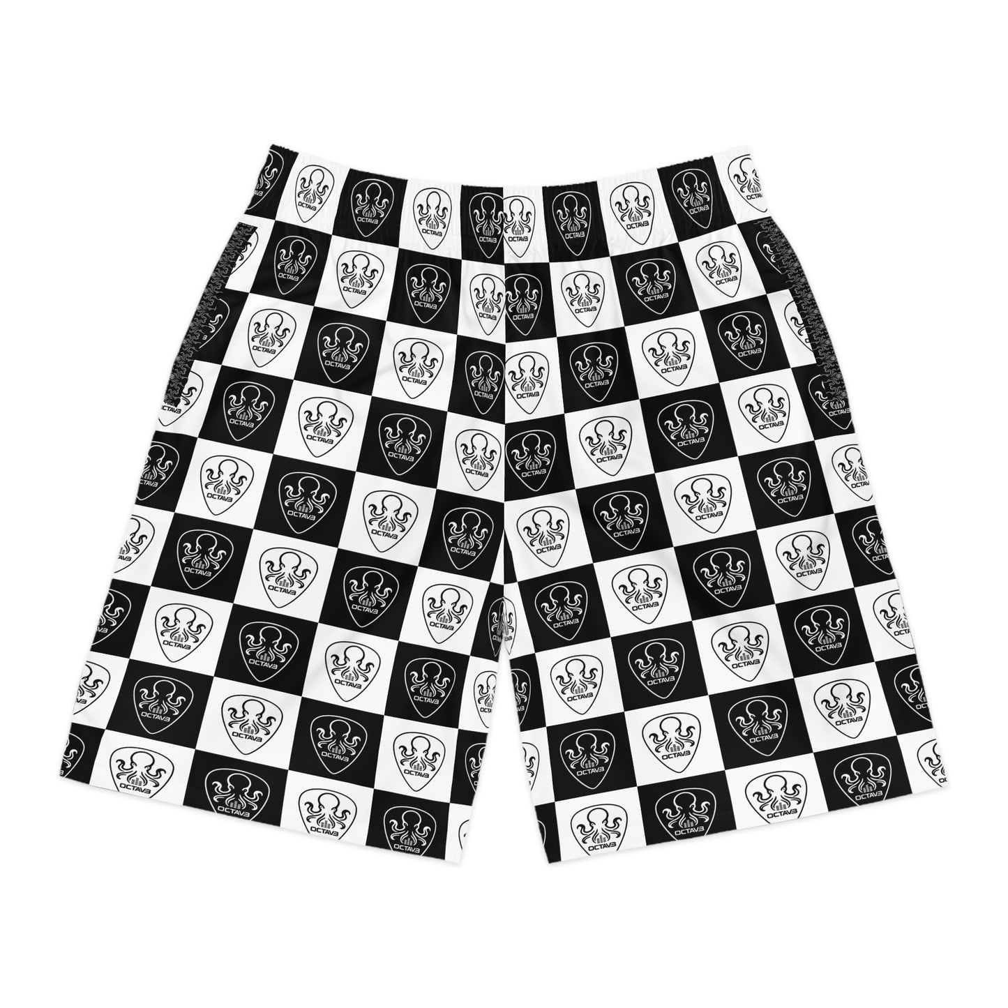 OCTAV3 Checkerboard Octopus Board Shorts. Black White Streetwear Swim & Jogger Shorts