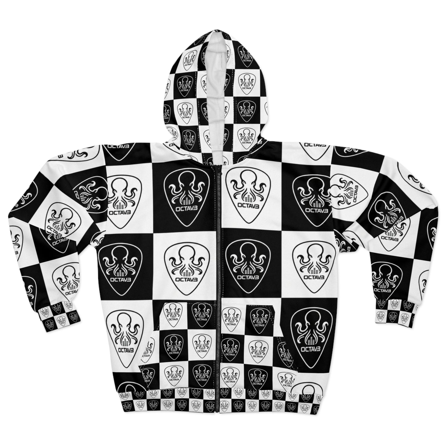 Octav3 Octopus Checkerboard Zip Hoodie — Black & White All-Over-Print