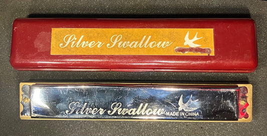 Vintage Silver Swallow Harmonica w/ Case