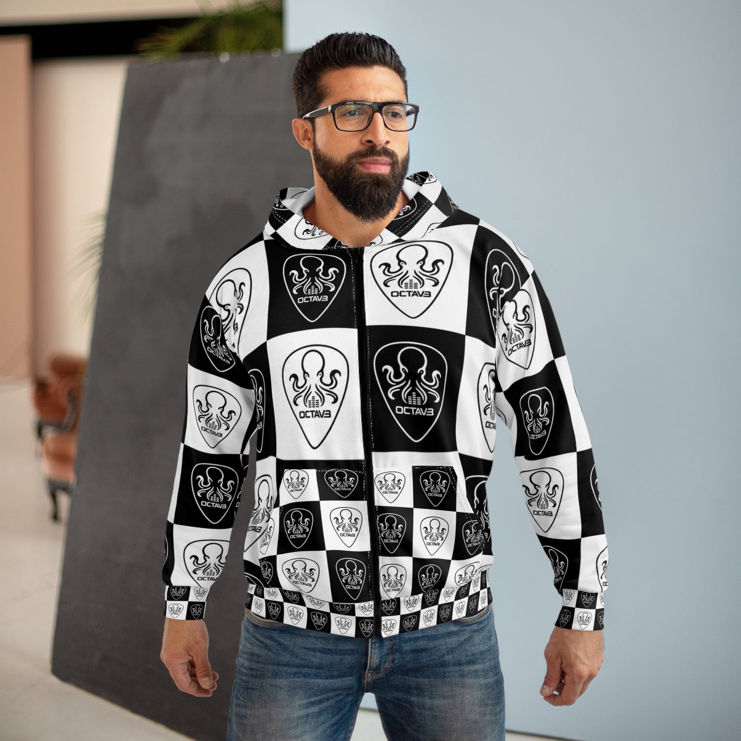 Octav3 Octopus Checkerboard Zip Hoodie — Black & White All-Over-Print
