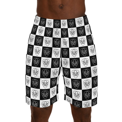 OCTAV3 Checkerboard Octopus Board Shorts. Black White Streetwear Swim & Jogger Shorts