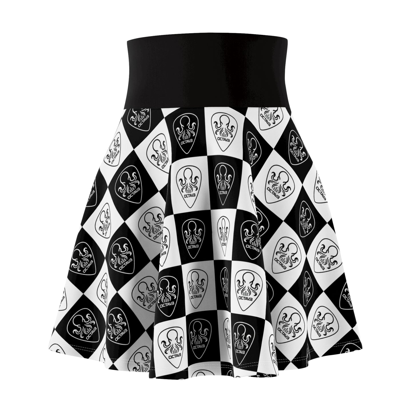OCTAV3 Checkerboard Octopus Skater Skirt. Black & White Luxury Streetwear
