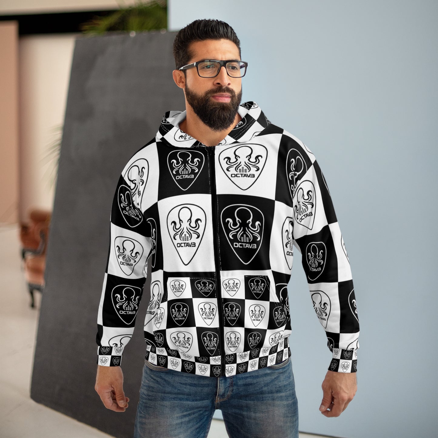 OCTAV3 Black/White Checkered Zip Up Hoodie