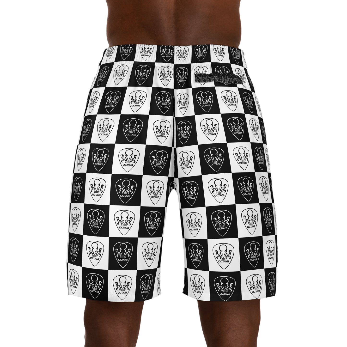 OCTAV3 Checkerboard Octopus Board Shorts. Black White Streetwear Swim & Jogger Shorts