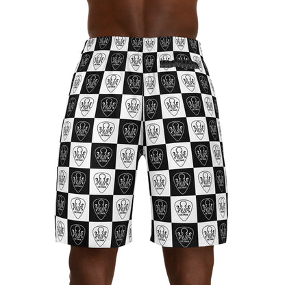 OCTAV3 Checkerboard Octopus Board Shorts. Black White Streetwear Swim & Jogger Shorts