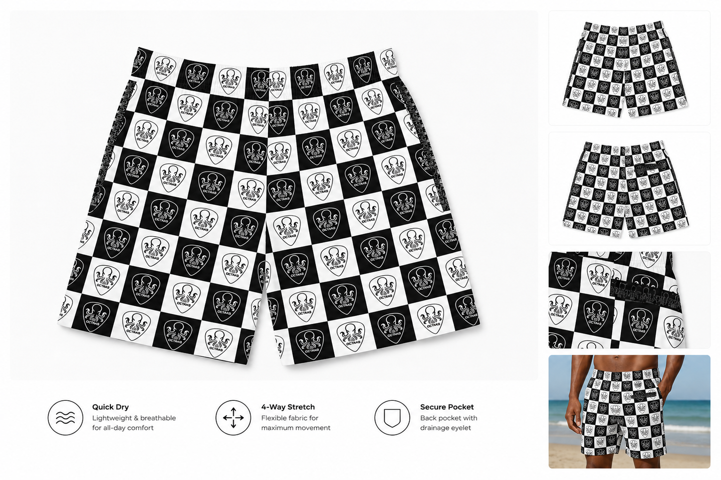 OCTAV3 Checkerboard Octopus Board Shorts. Black White Streetwear Swim & Jogger Shorts