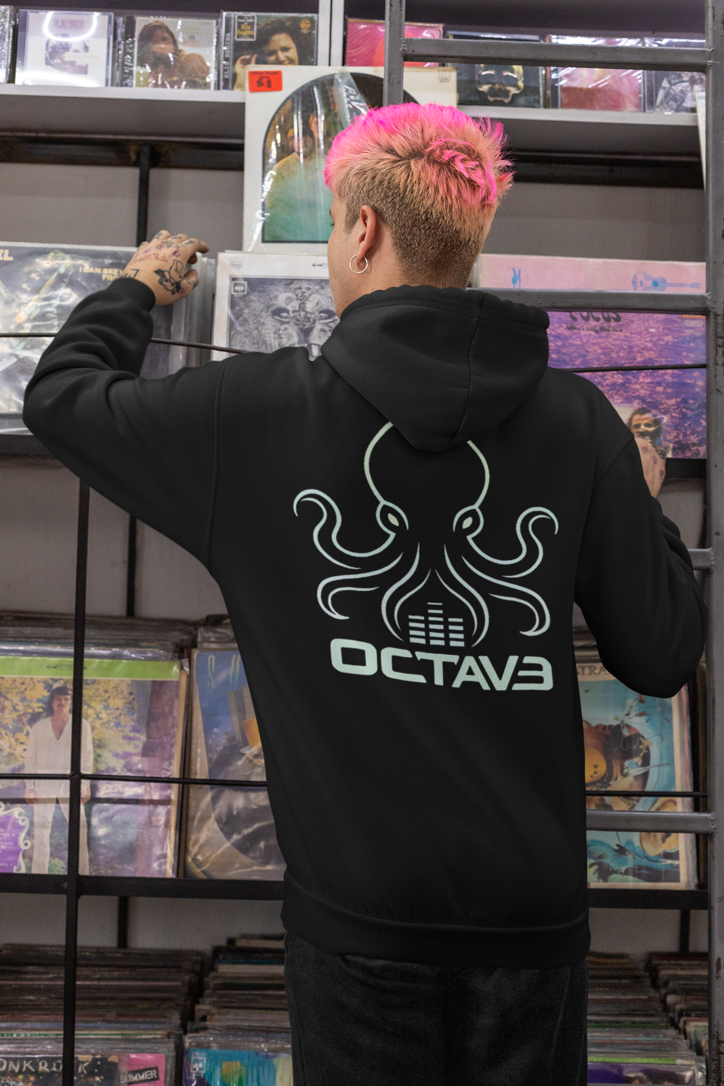 OCTAV3 Octopus logo Hoodie. Minimal Black Streetwear Pullover