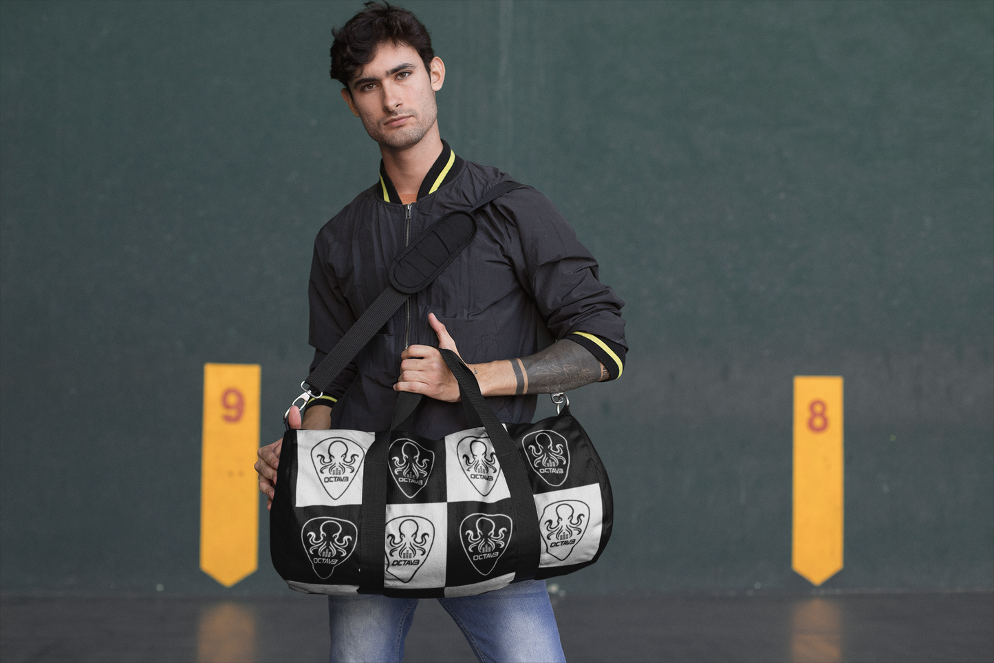 OCTAV3 Checkerboard Octopus Duffel Bag | Black White Travel Gym Bag