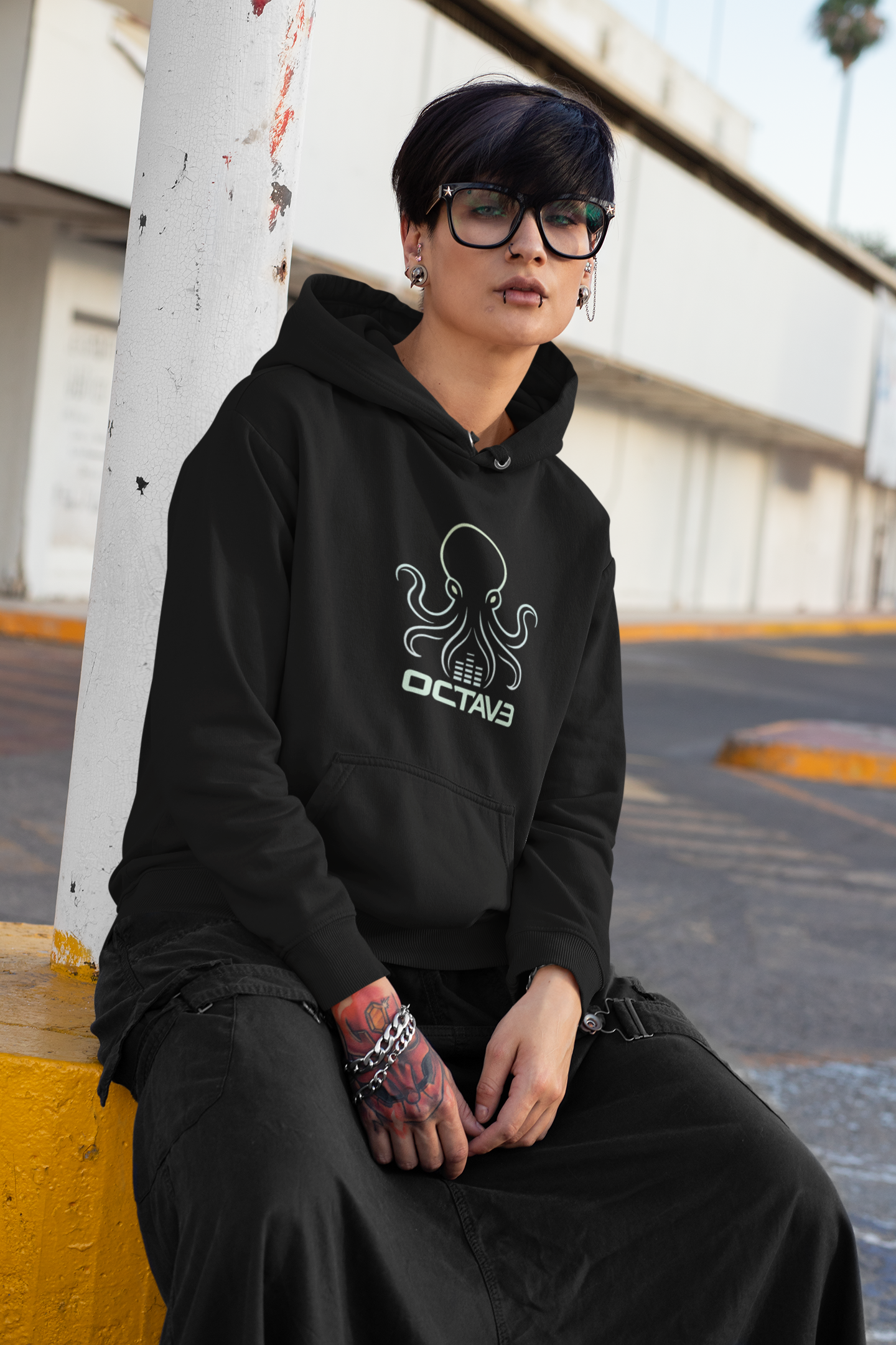 OCTAV3 Octopus logo Hoodie. Minimal Black Streetwear Pullover