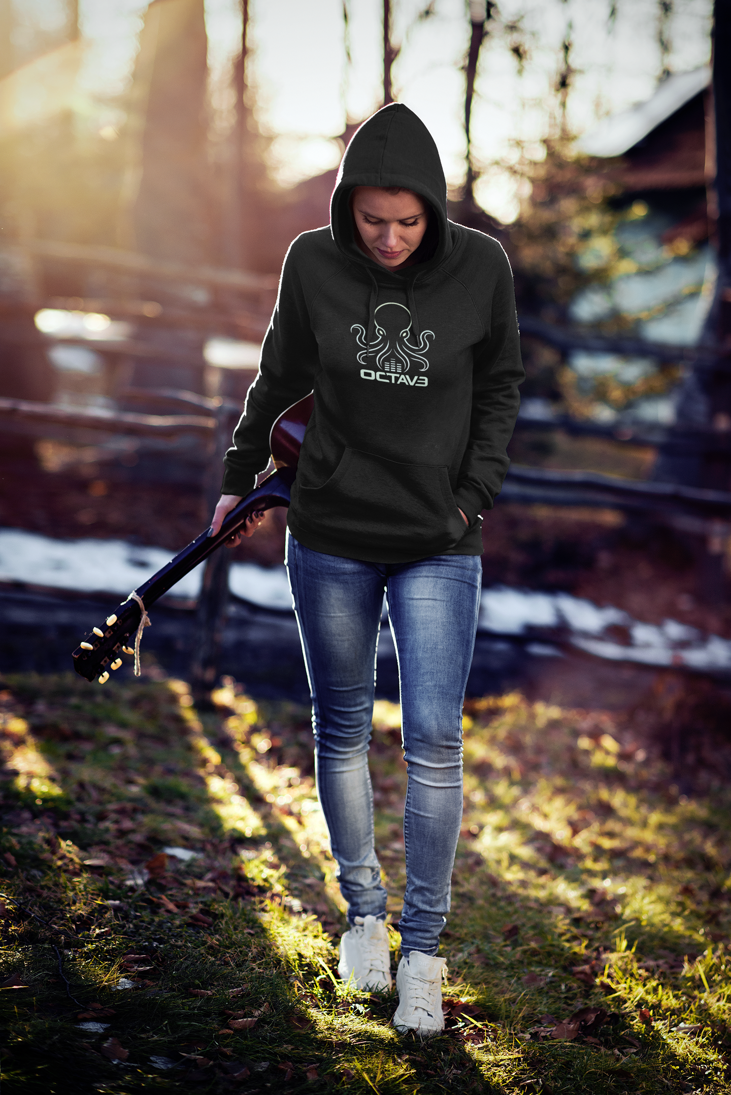 OCTAV3 Octopus logo Hoodie. Minimal Black Streetwear Pullover