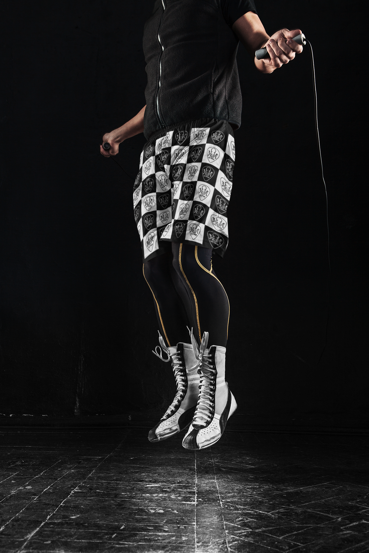 OCTAV3 Checkerboard Octopus Board Shorts. Black White Streetwear Swim & Jogger Shorts
